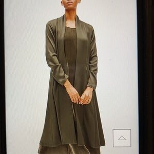 Eileen Fisher Silk Olive Green Long Open Drape Robe Duster Jacket